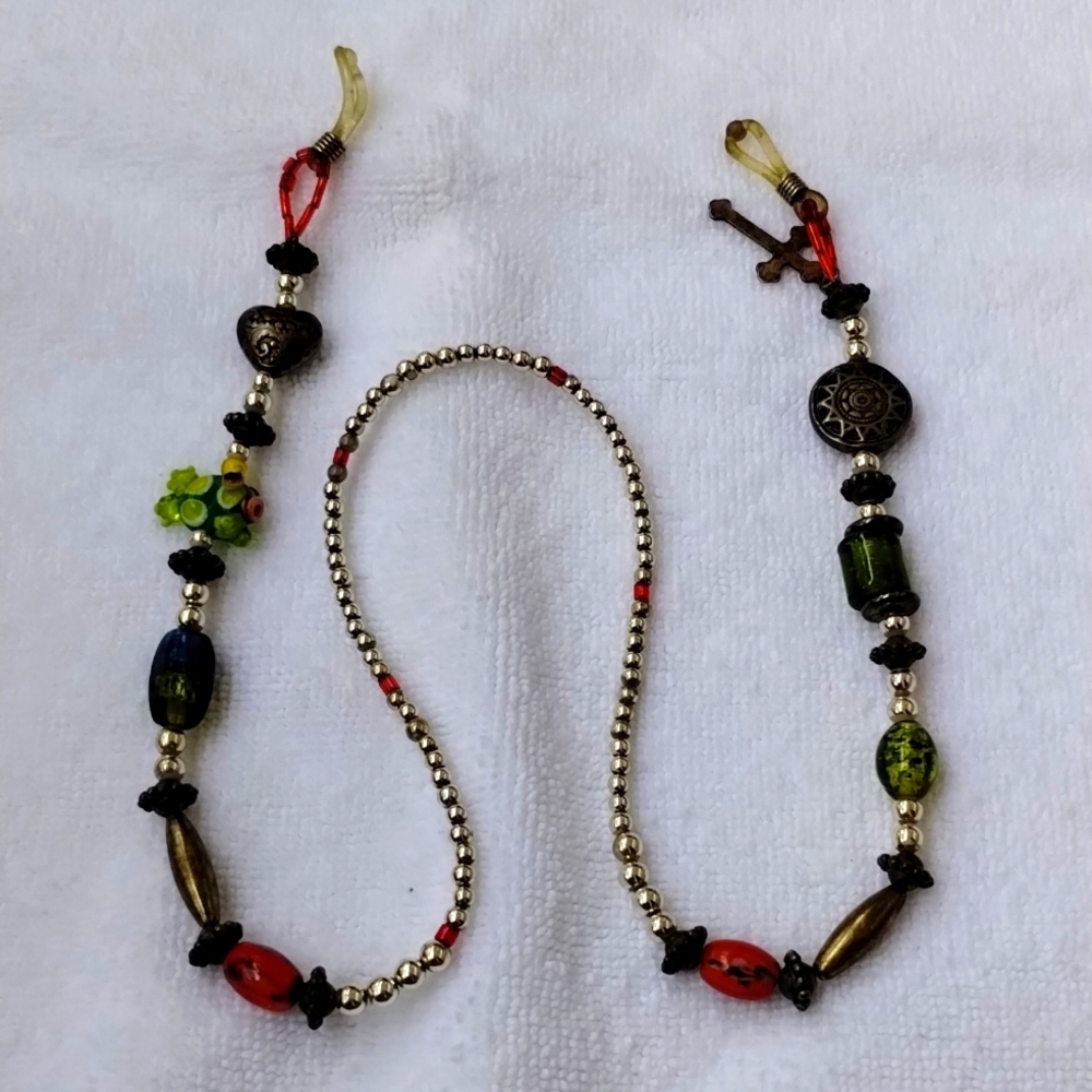 Vintage Silver Green Red Bead Eyeglasses Sunglasses Chain